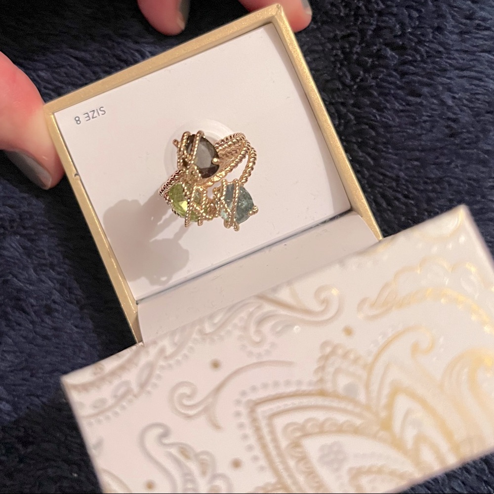 Charter club gold ring with green, blue , and purple stones